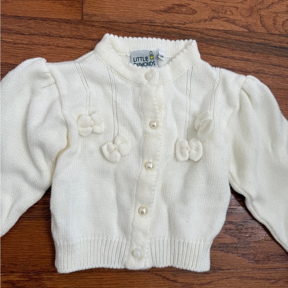 Vintage Little Diamonds Bow Button Up Cardigan Sweater Size 12 Months Baby Girl - Picture 2 of 4